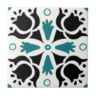 Black and Teal Intricate Floral pattern Ceramic Tile