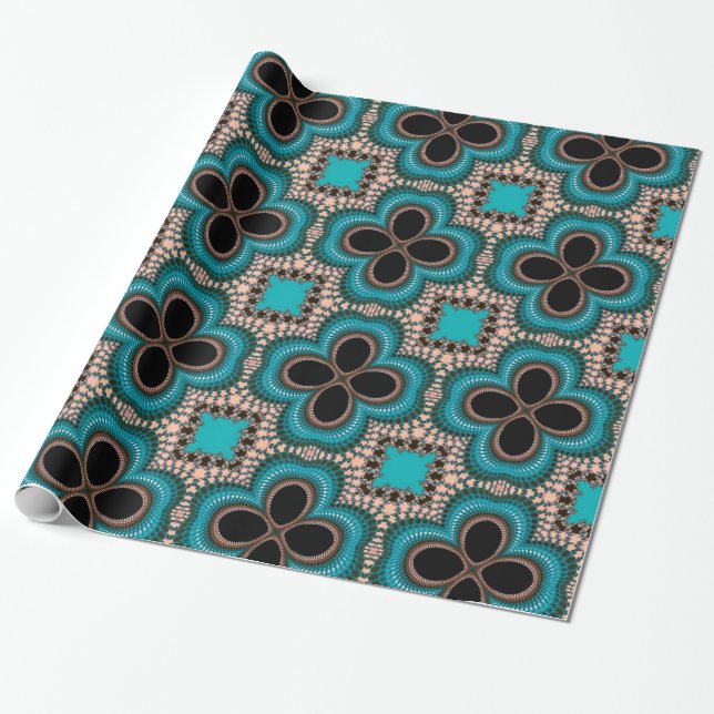Black and teal Moroccan style geometric pattern Wrapping Paper (Unrolled)