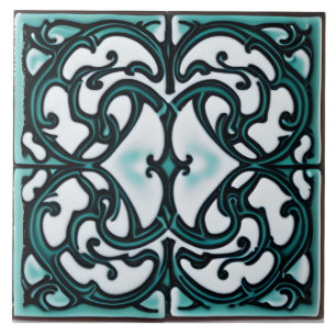 Black and Teal on White Tuscan Style Ceramic Tile
