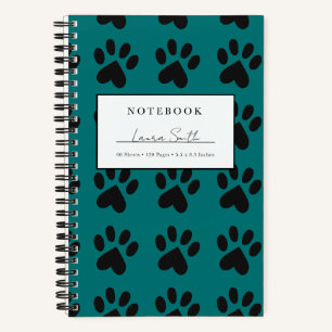 Black And Teal Paw Print Personalised Notebook