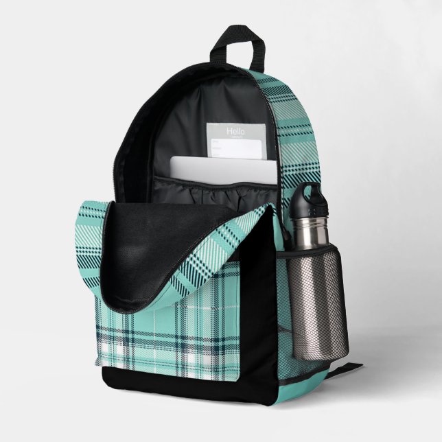 Black and Teal Plaid Print Backpack (Back Corner Right (Open))