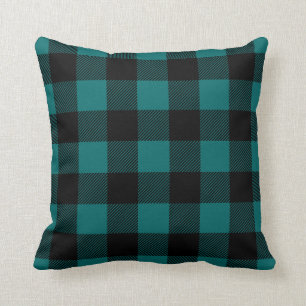 Black and Teal Preppy Buffalo Check Plaid Cushion