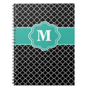 Black and Teal Quatrefoil Monoagram Notebook