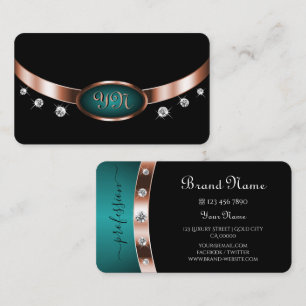 Black and Teal with Ornate Rose Gold Monogrammed Business Card
