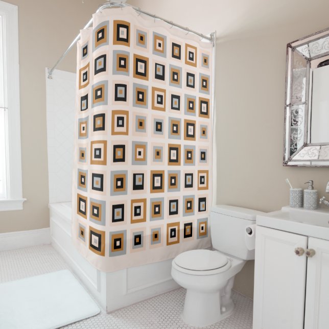 Black And Terracotta Mid Century Squares Pattern Shower Curtain (In Situ)