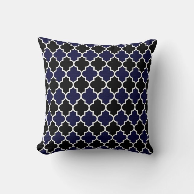 Black and Textured Navy Blue Quatrefoil Decorative Cushion (Front)