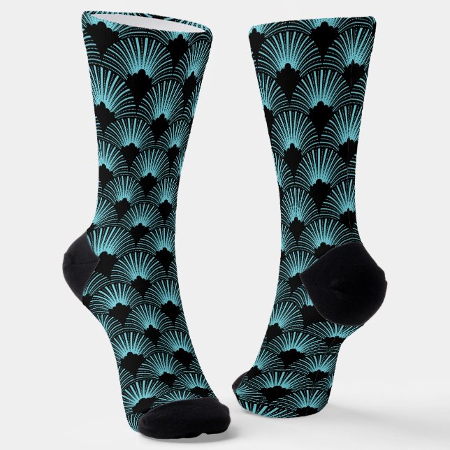Black and turquoise Art Deco pattern Socks (Angled)
