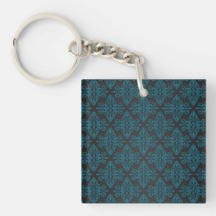 Black and Turquoise Blue Damask Pattern Key Ring