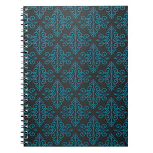 Black and Turquoise Blue Damask Pattern Notebook