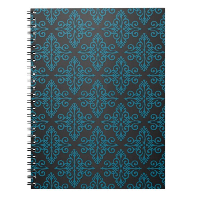 Black and Turquoise Blue Damask Pattern Notebook (Front)