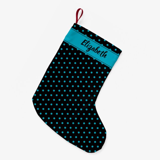Black and Turquoise Blue Polka Dots Personalised Small Christmas Stocking (Front (Hanging))