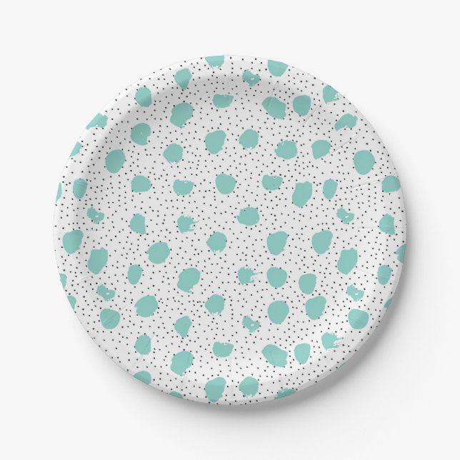Black and Turquoise Brush Dots Abstract Pattern Paper Plate (Front)