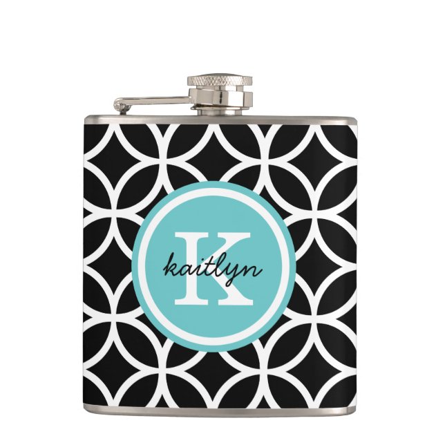 Black and Turquoise Geometric Diamonds Monogram Hip Flask (Front)