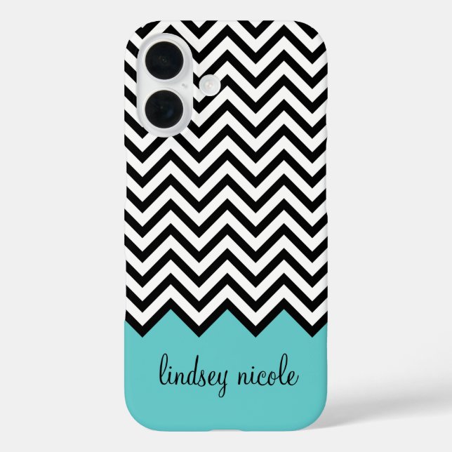 Black and Turquoise Modern Chevron Custom Monogram Case-Mate iPhone Case (Back)