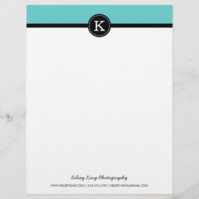 Black and Turquoise Modern Custom Monogram Personalised Letterhead (Front)