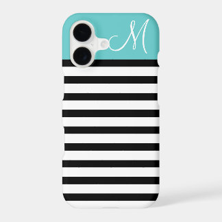 Black and Turquoise Preppy Stripes Custom Monogram
