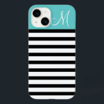 Black and Turquoise Preppy Stripes Custom Monogram Case-Mate iPhone 14 Case<br><div class="desc">Cute Modern Girly Trendy Chic Stylish Design with Preppy Horizontal Stripes and Solid Colour Block with Custom Personalised Monogram Initial Letter</div>