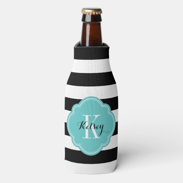 Black and Turquoise Preppy Stripes Monogram Bottle Cooler (Bottle Front)