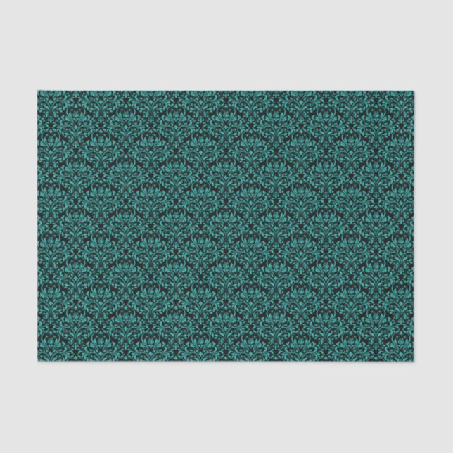 Black and Turquoise Rose Floral Damask Tissue Paper (Front)