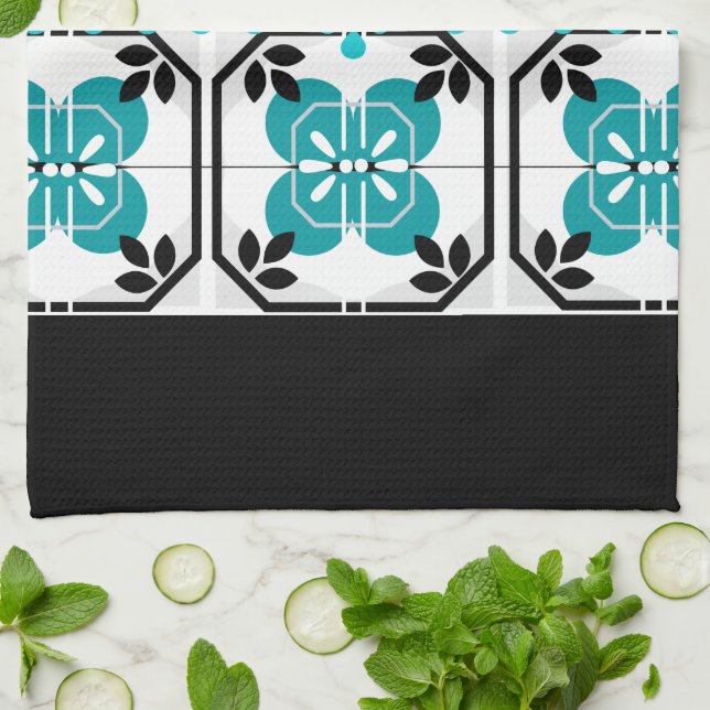 Black and Turquoise Tile Design Kitchen Dish Towel (Folded)