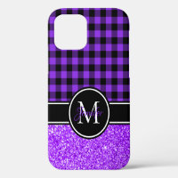 Black and Violet Glitter Buffalo Plaid Monogram