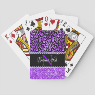 Black and Violet Leopard Spots Glam Monogram Playing Cards
