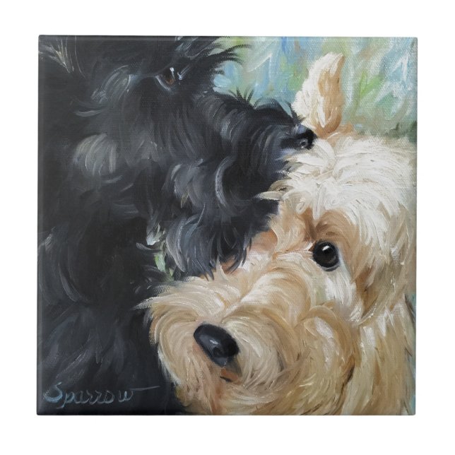 Black and wheaten Scottish terrier scottie art Tile (Front)