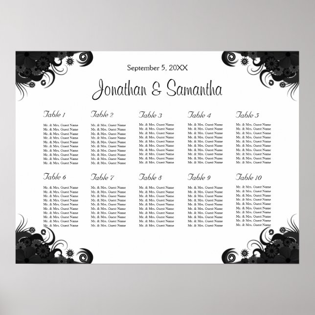 Black and White 10 Wedding Tables Seating Charts (Front)