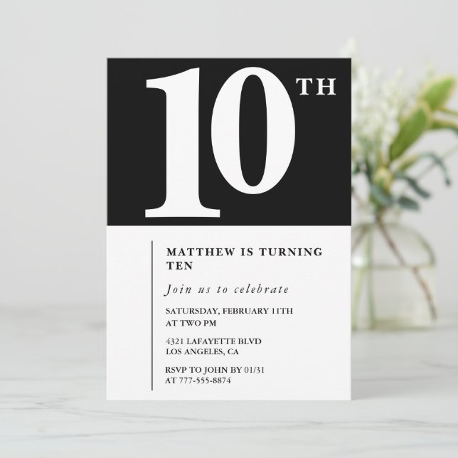 Black and White 10th birthday invitation Chic (Standing Front)