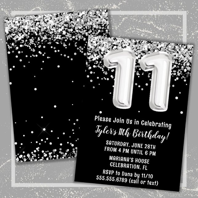 Black and White 11th Birthday Party Invitation (Black and White 11th Birthday Party Invitation)