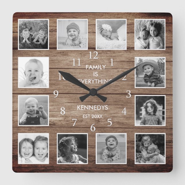 Black And White 12 Photo Collage Family Quote Wood Square Wall Clock (Front)