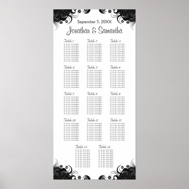 Black and White 14 Wedding Tables Seating Charts (Front)