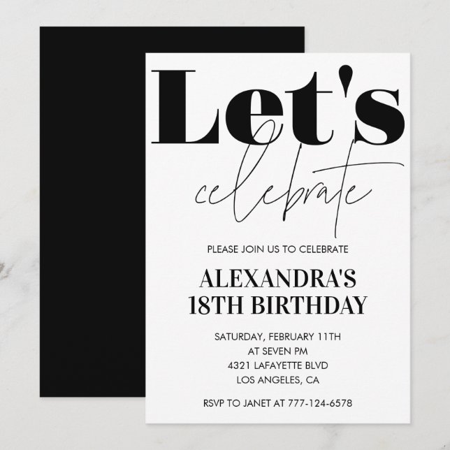 Black and White 18th birthday invitation Modern (Front/Back)