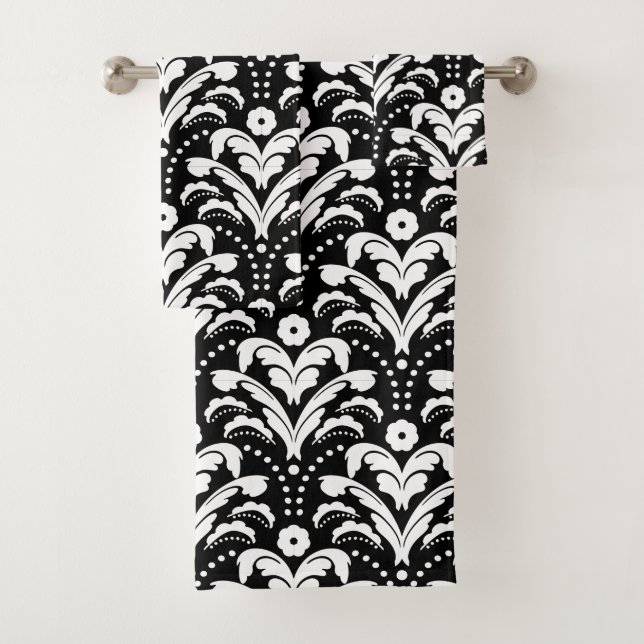 Black and White 1930s Damask Elegant Bath Towel Set (Insitu)