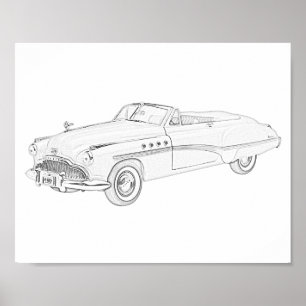 Black and White 1949 Buick Roadmaster Drawing Poster