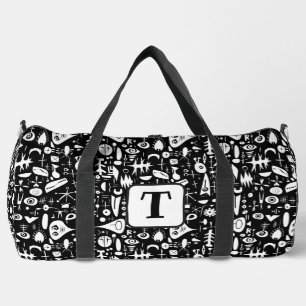 Black and white 1950s atomic era shapes pattern 1 duffle bag