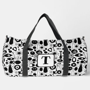Black and white 1950s atomic era shapes pattern 3 duffle bag
