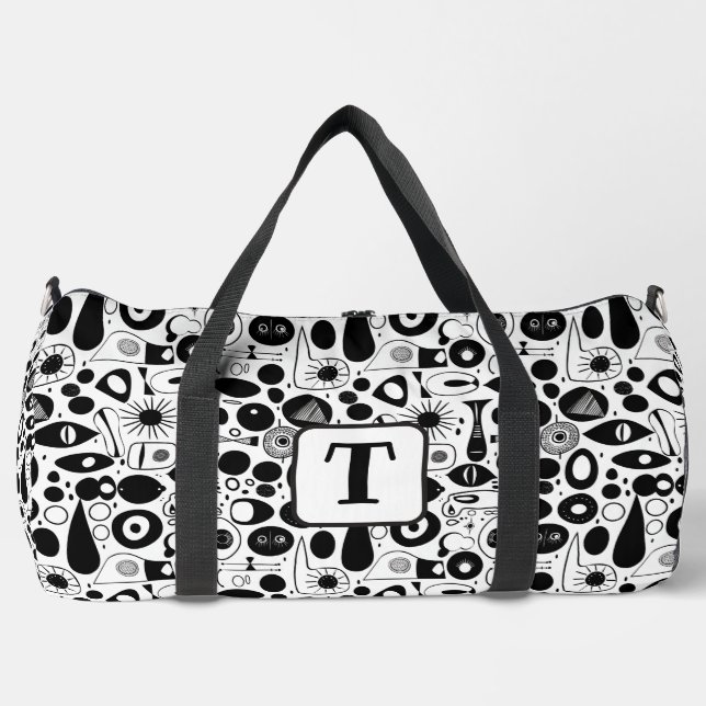 Black and white 1950s atomic era shapes pattern 3 duffle bag (Front)