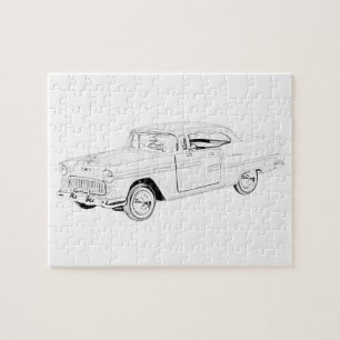 Black and White 1955 Chevy Bel Air Pencil Drawing Jigsaw Puzzle