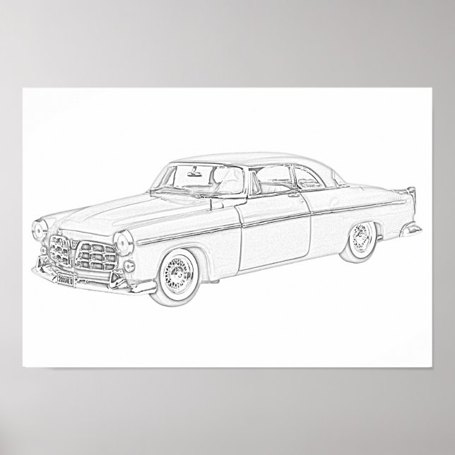 Black and White 1955 Chrysler 300 Pencil Drawing Poster (Front)