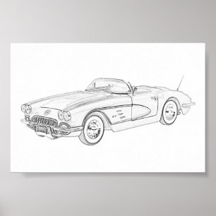 Black and White 1958 Chevy Corvette Illustration Poster