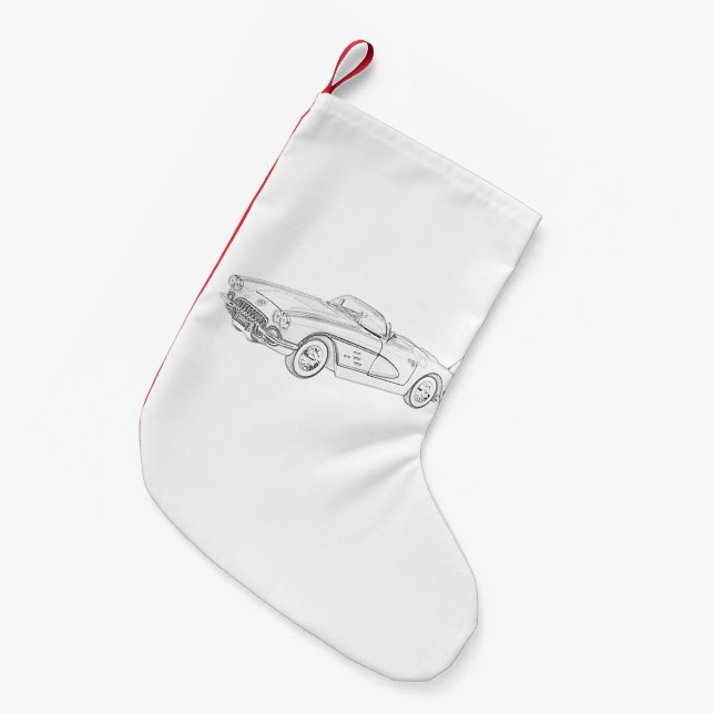 Black and White 1958 Chevy Corvette Pencil Drawing Small Christmas Stocking (Front (Hanging))