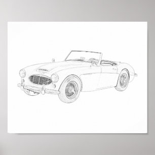 Black and White 1960 Austin Healey Drawing Poster
