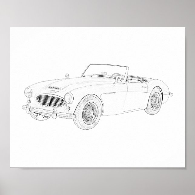 Black and White 1960 Austin Healey Drawing Poster (Front)