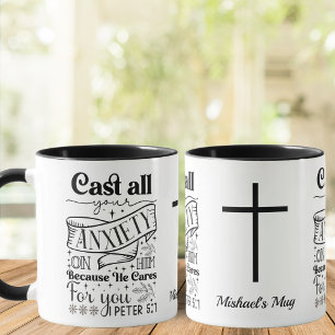 black and white, 1 Peter 5:7, Christian Mug