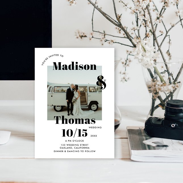 Black and White 1 Photo Bold Minimalist Wedding Invitation (Creator Uploaded)