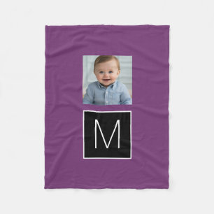 Black and White 1 Photo Collage Custom Monogram Fleece Blanket