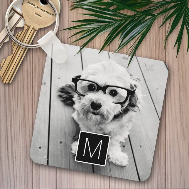 Black and White 1 Photo Collage Custom Monogram Key Ring (Personalized keychain - Photo Collage)