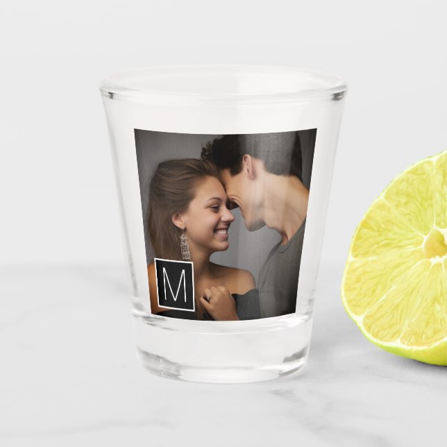 Black and White 1 Photo Collage Custom Monogram Shot Glass (Front)
