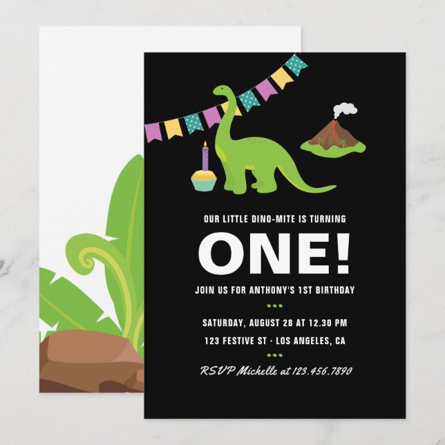 Black and white 1st Birthday Dinosaur themed Party Invitation (Front/Back)